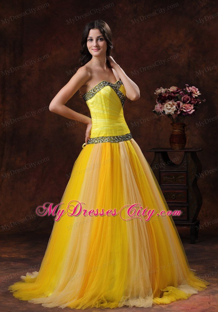 Yellow Tulle A-line Sweetheart Beaded Decorate Prom Dress