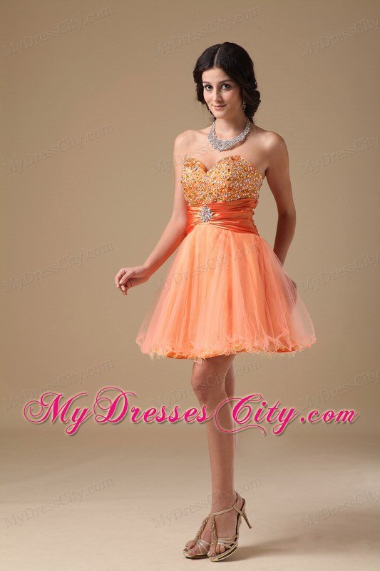 Orange A-line Sweetheart Mini-length Organza Beaded Prom Dress