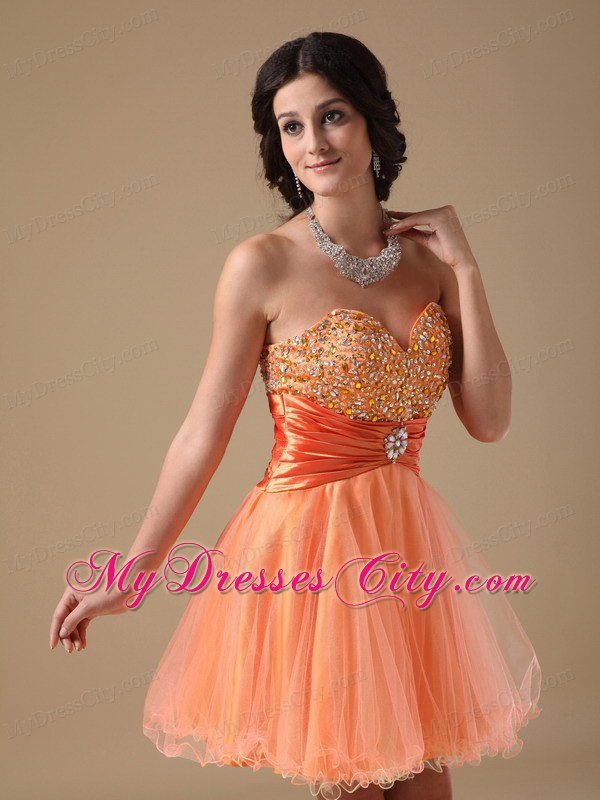 Orange A-line Sweetheart Mini-length Organza Beaded Prom Dress