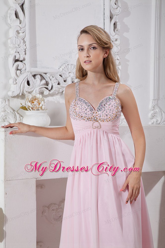 Beaded Straps Chiffon Empire Prom Dresses with Gold and Silver Beading
