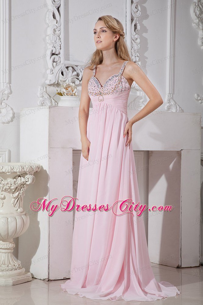 Beaded Straps Chiffon Empire Prom Dresses with Gold and Silver Beading