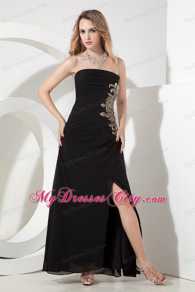 Chiffon Empire Strapless Ankle-length Black Prom Dress with Side Zipper