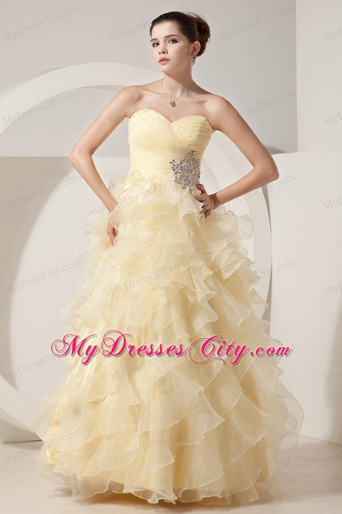 Light Yellow Organza Princess Sweetheart Ruffled Prom Dress for Women