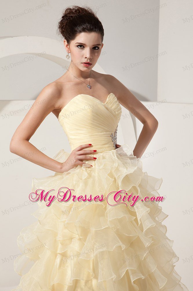 Light Yellow Organza Princess Sweetheart Ruffled Prom Dress for Women