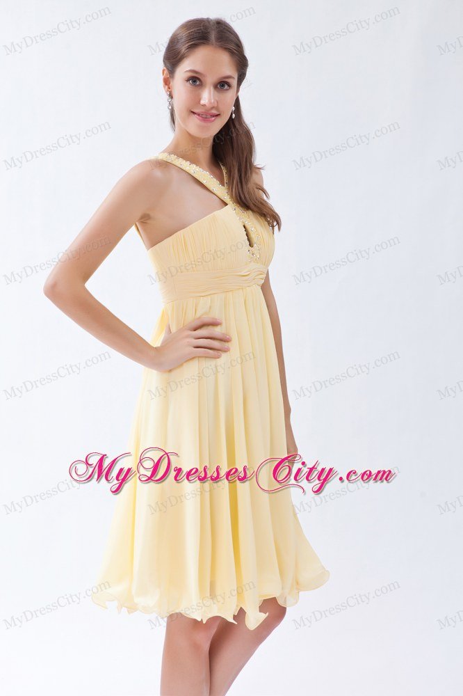Empire Knee-length Chiffon Beading Yellow Prom Dress with Jeweled Neckline