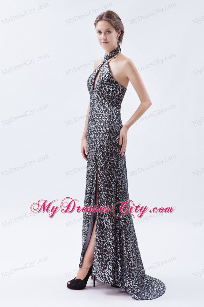 Sheath Sequin Side Cutouts Brush Train Prom Dress with Halter Neck