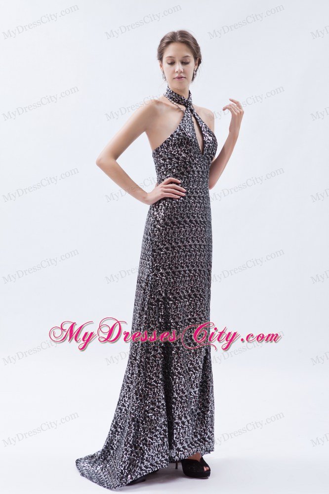 Sheath Sequin Side Cutouts Brush Train Prom Dress with Halter Neck