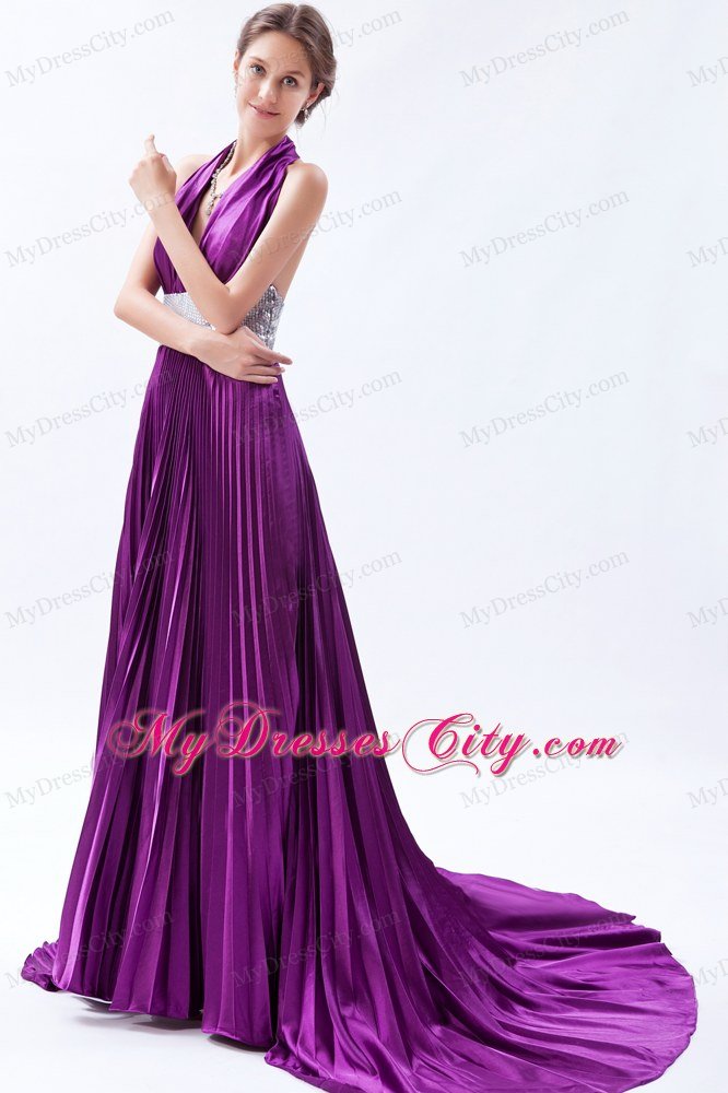 Halter Backless Sequins Pleats Eggplant Purple Prom Dress with Court Train
