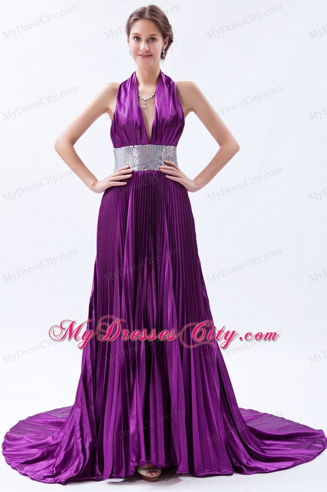 Halter Backless Sequins Pleats Eggplant Purple Prom Dress with Court Train