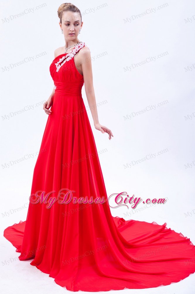 One Shoulder Court Train Chiffon Appliques Red Prom Gowns 2013