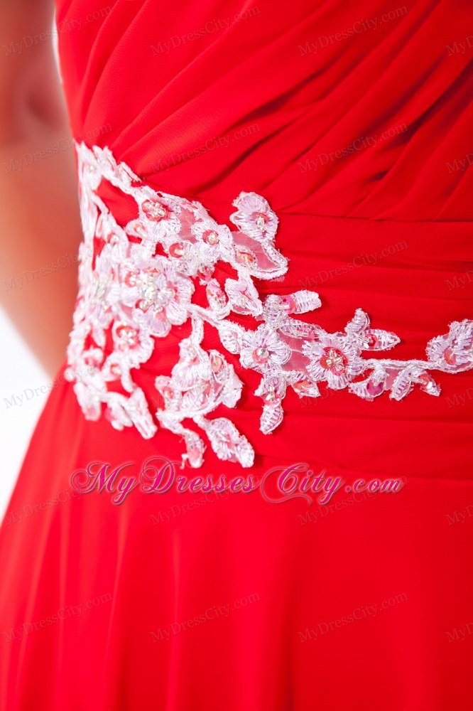 One Shoulder Court Train Chiffon Appliques Red Prom Gowns 2013