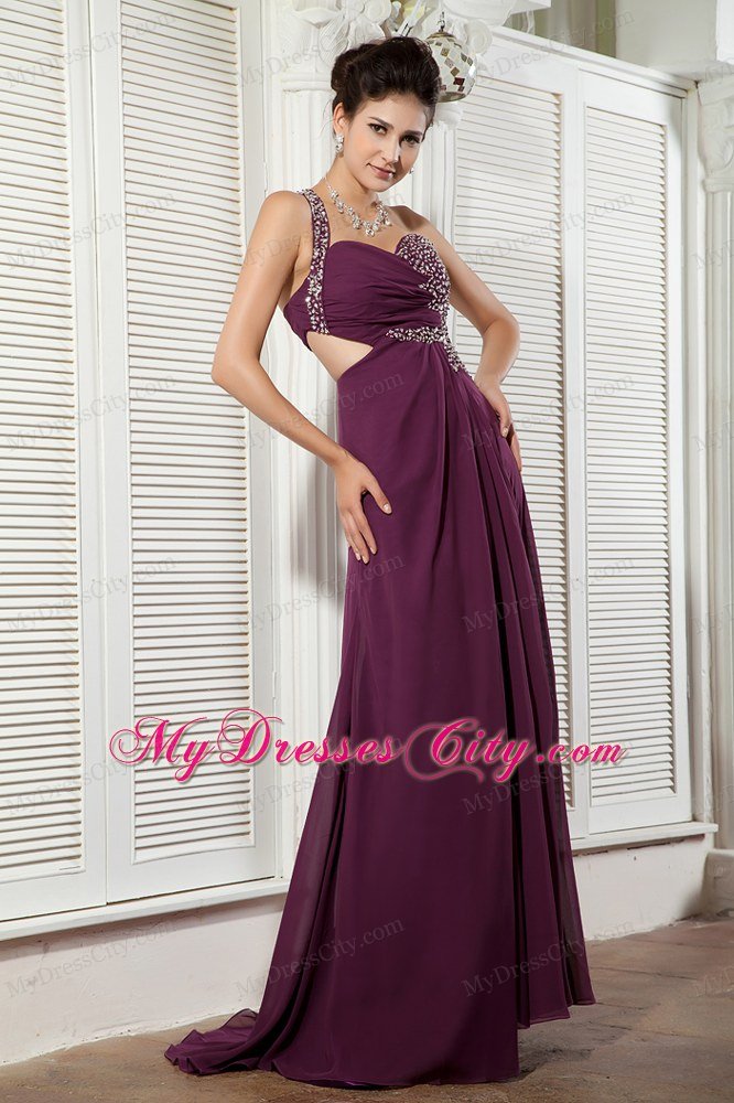 Dark Purple One Shoulder Chiffon Prom Gown Beaded