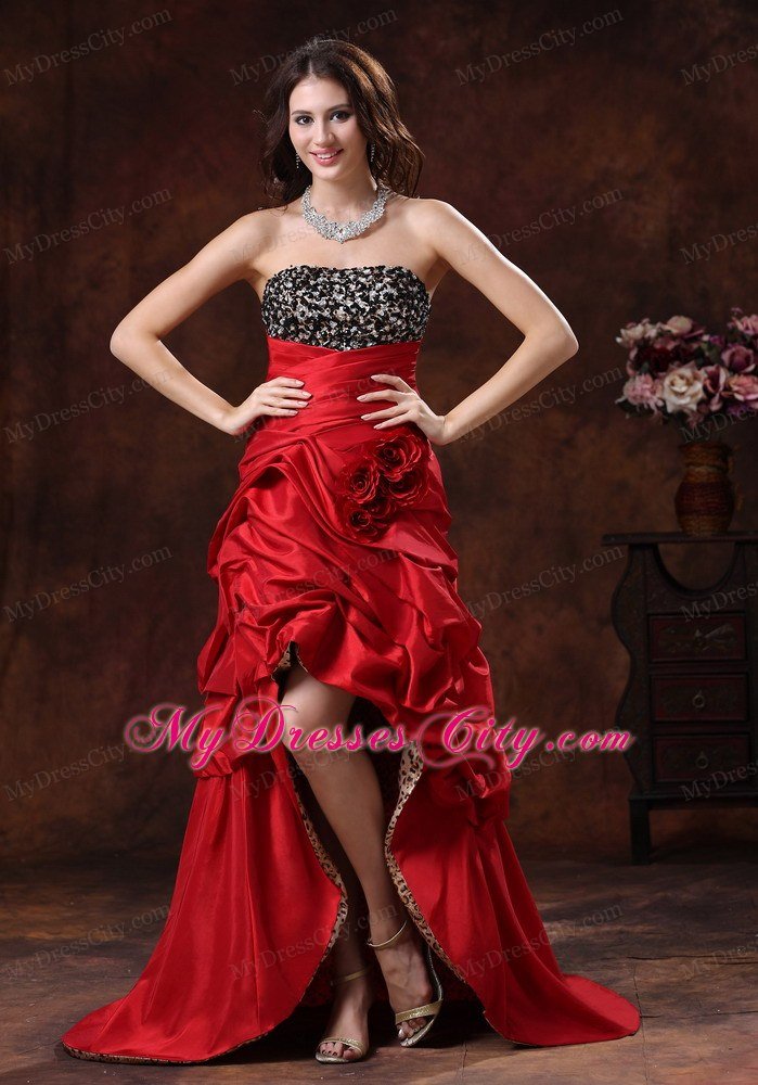 Red Leopard Beaded Bust High-low Prom Dress with Flowers