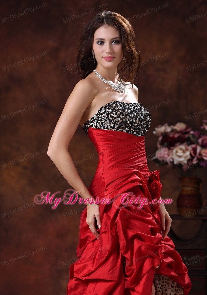 Red Leopard Beaded Bust High-low Prom Dress with Flowers