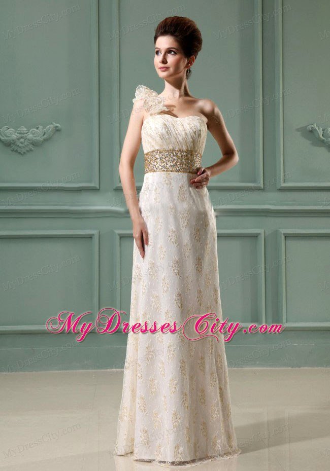 Flowery Single Shoulder Long Wedding Dress with Champagne Beading