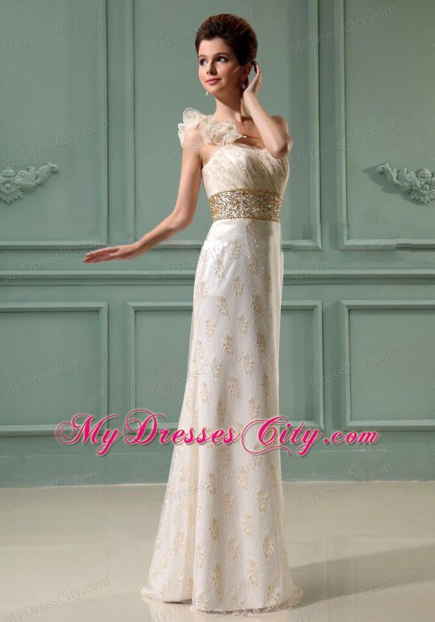Flowery Single Shoulder Long Wedding Dress with Champagne Beading