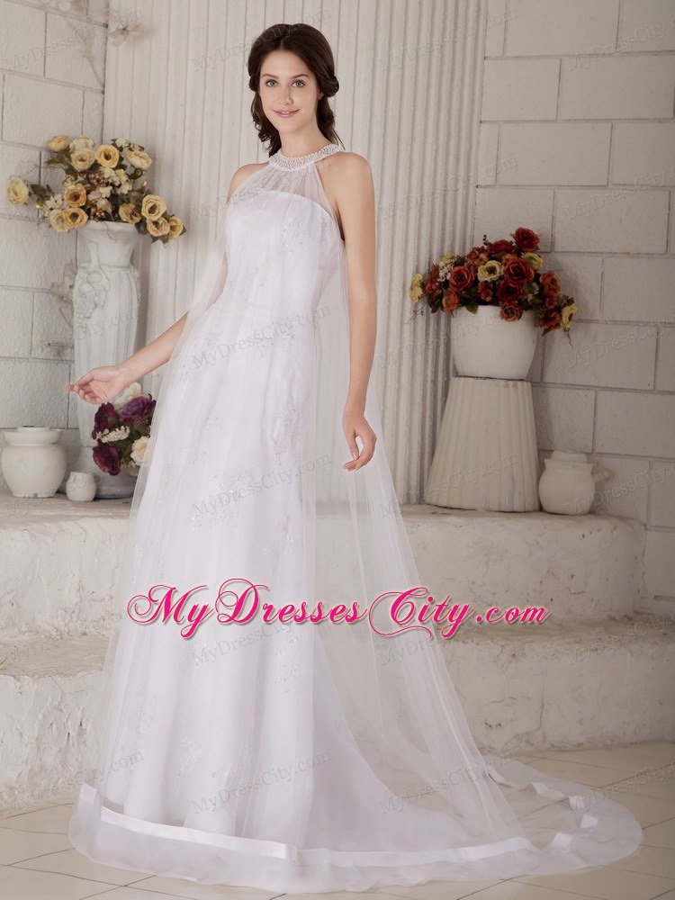 Column High-neck Beading Criss-cross Back Wedding Dress