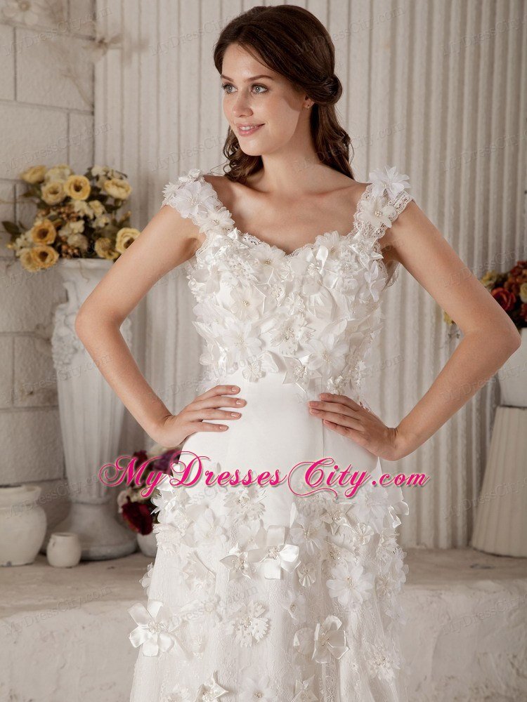 Column Straps Sweep Train Lace Wedding Dress with Appliques