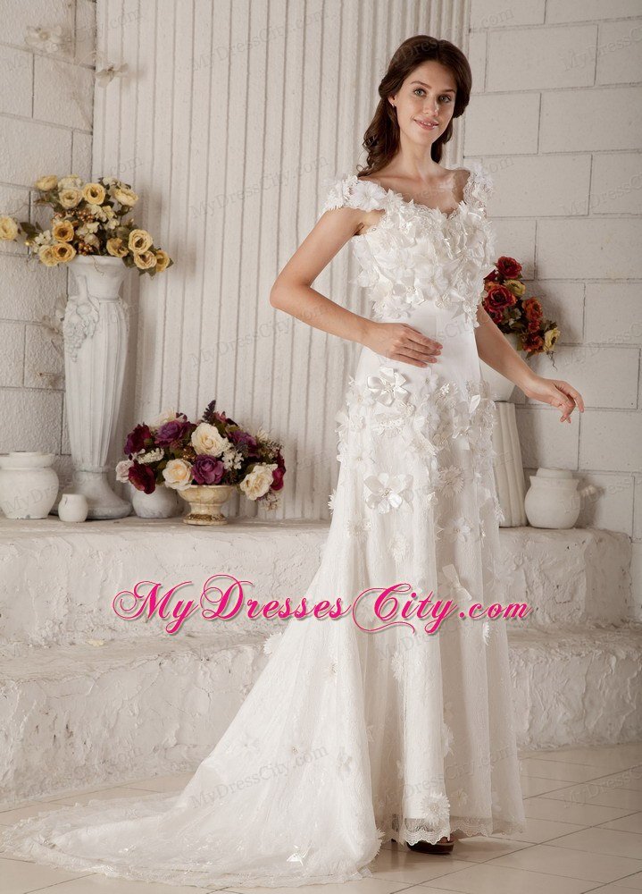 Column Straps Sweep Train Lace Wedding Dress with Appliques
