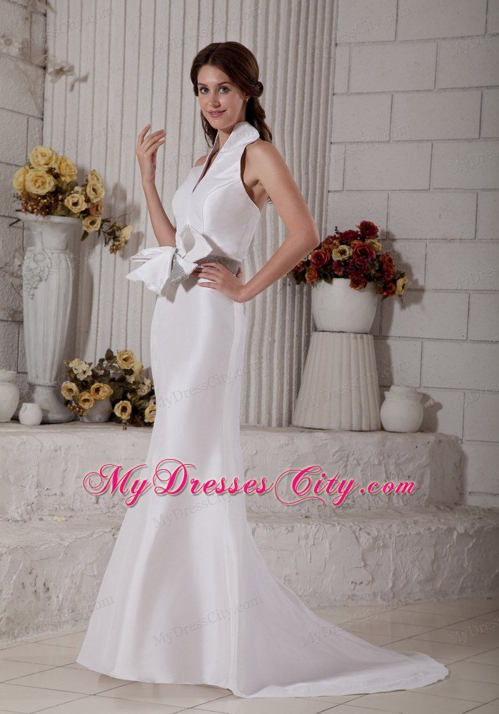 Mermaid Halter V-Neck Bow and Beading Decorate Wedding Gown