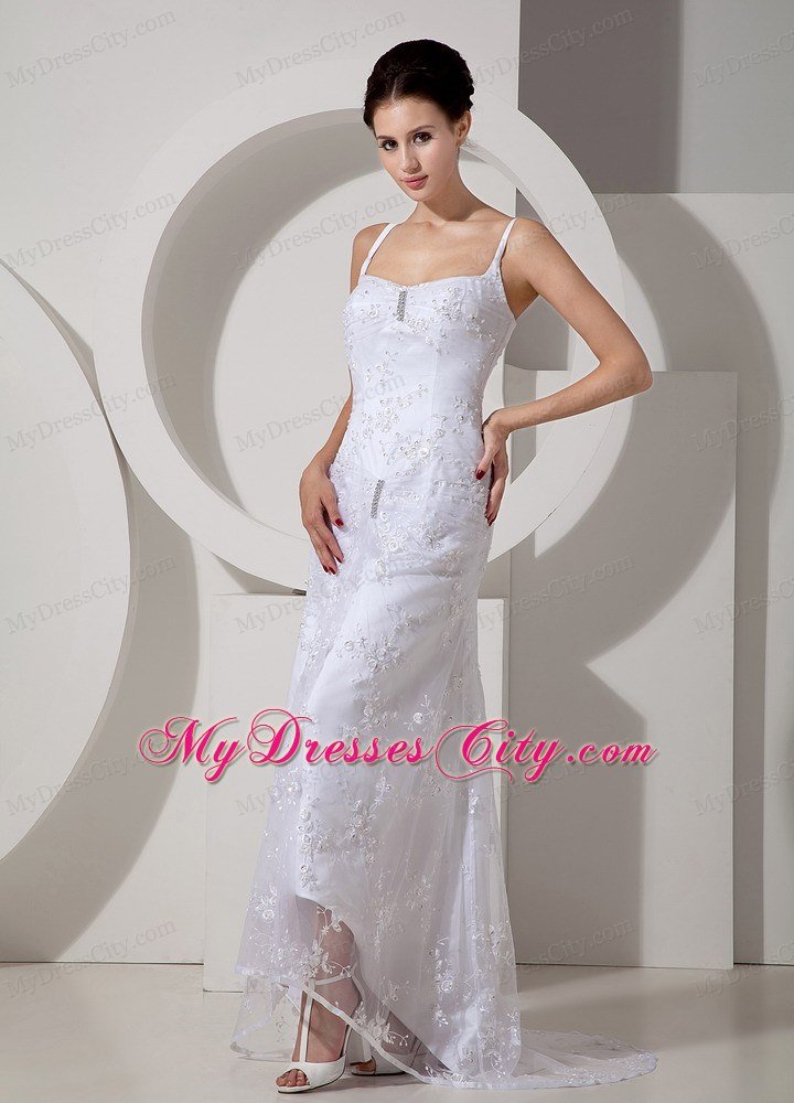 Elegant Column Straps Beaded Lace Brush Train Bridal Dress