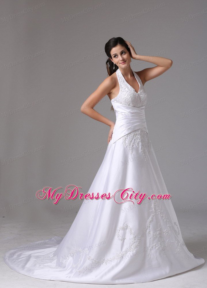 Halter A-line Embroidery Brush Train Ruched Bridal Dress
