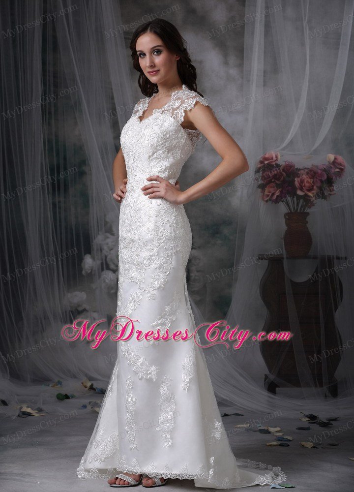 Column V-neck Brush Train Lace Sheer Back Wedding Dress