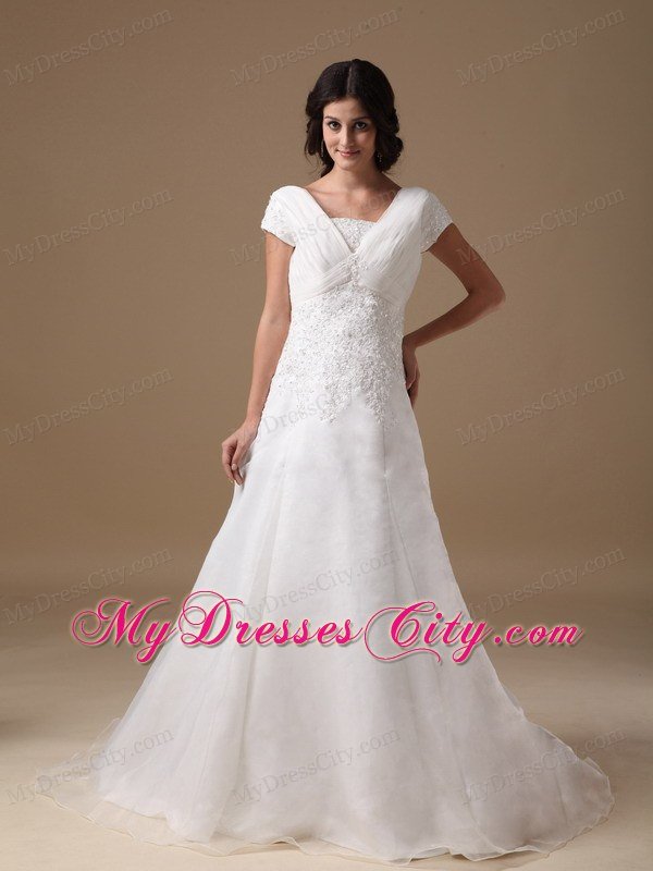 Cute A-line V-neck Court Train Appliques Wedding Dress with Cap Sleeves