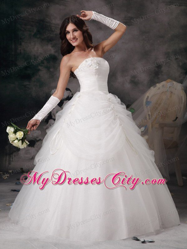 New Arrival A-line Strapless Floor-length Tulle and Flowers Wedding Dress