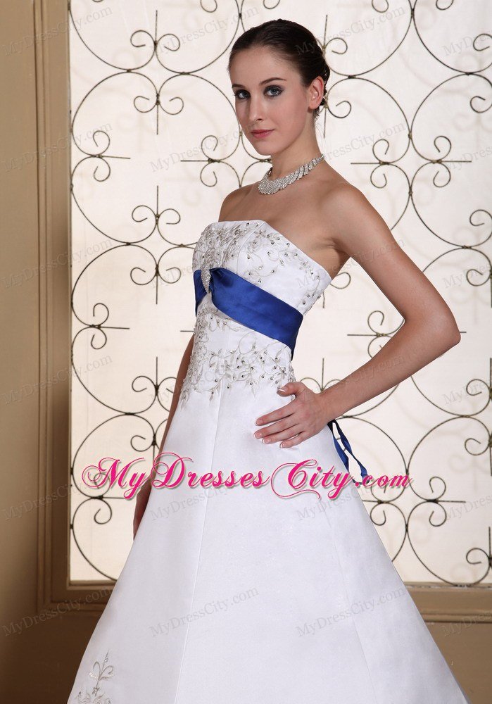Lovely Embroidery and Beading Wedding Dress with Blue Train and Sash