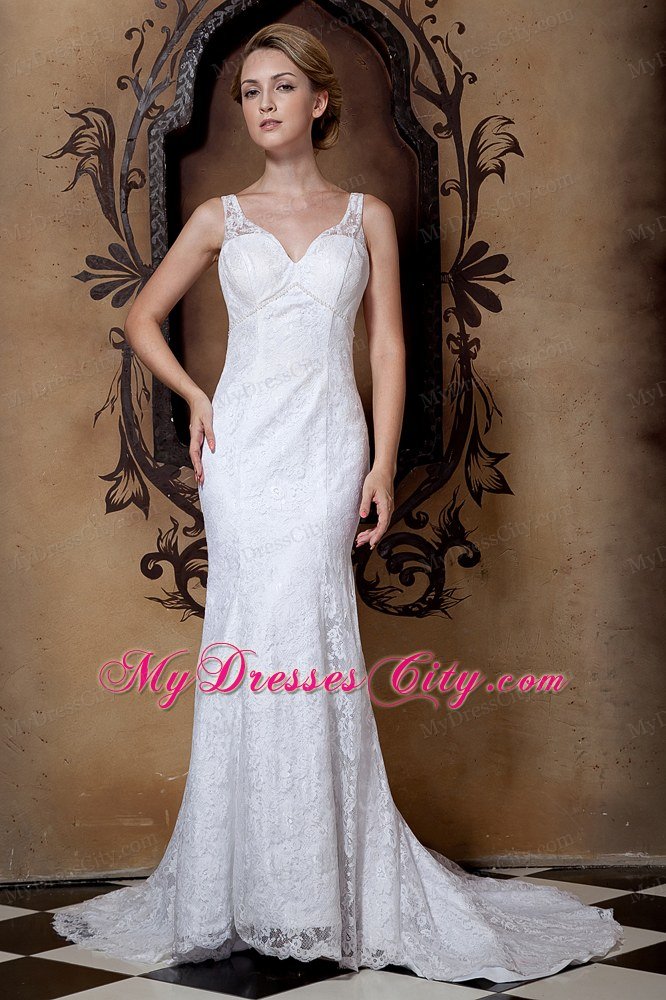 Gorgeous Lace Beading Column V-neck Court Train Wedding Dress