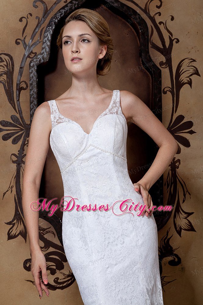 Gorgeous Lace Beading Column V-neck Court Train Wedding Dress