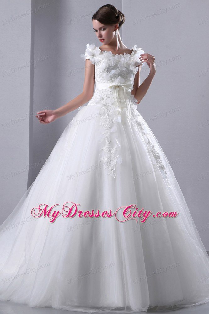 Short Sleeves Floral Embellished Bridal Gown with Bowknot Sash