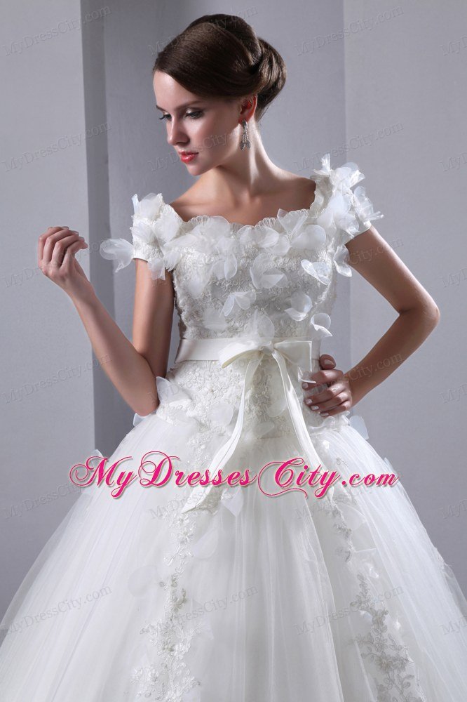 Short Sleeves Floral Embellished Bridal Gown with Bowknot Sash