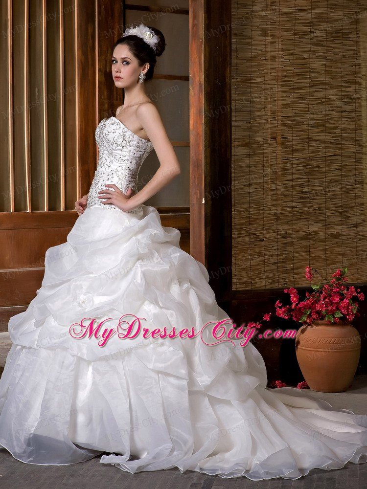 Strapless Sweetheart Ruffles Embroidery Beaded Wedding Gown