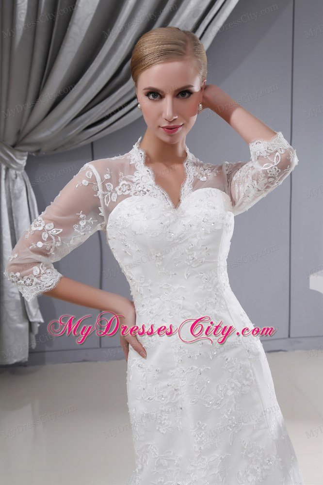 Mermaid Court Train 3 4 Sleeves Lace Wedding Dress with V-neck