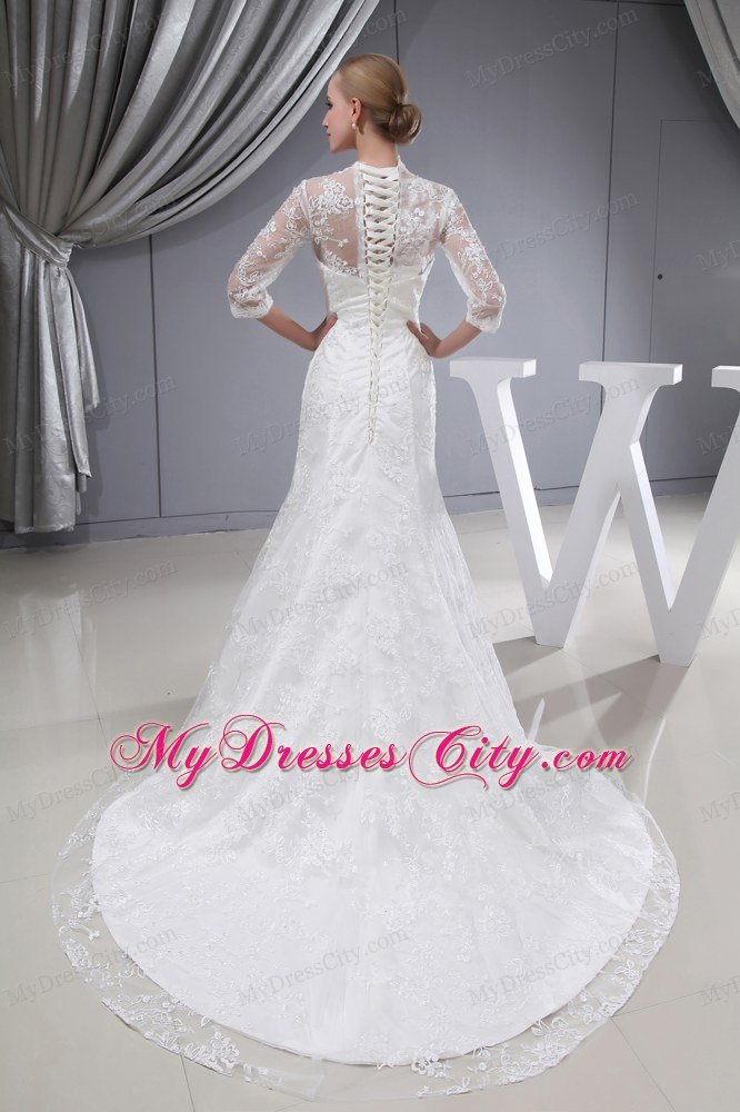 Mermaid Court Train 3 4 Sleeves Lace Wedding Dress with V-neck