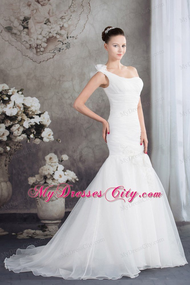 One Shoulder Mermaid Ruching Bridal Dress with Hand Made Flower