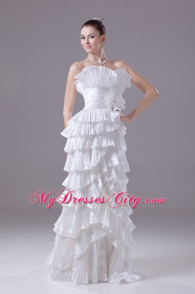 Long Strapless White Floral Weeding Gown with Layers and Pleats