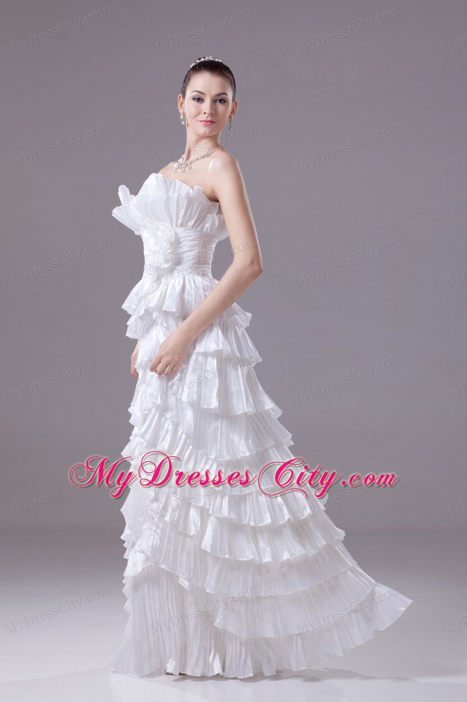 Long Strapless White Floral Weeding Gown with Layers and Pleats