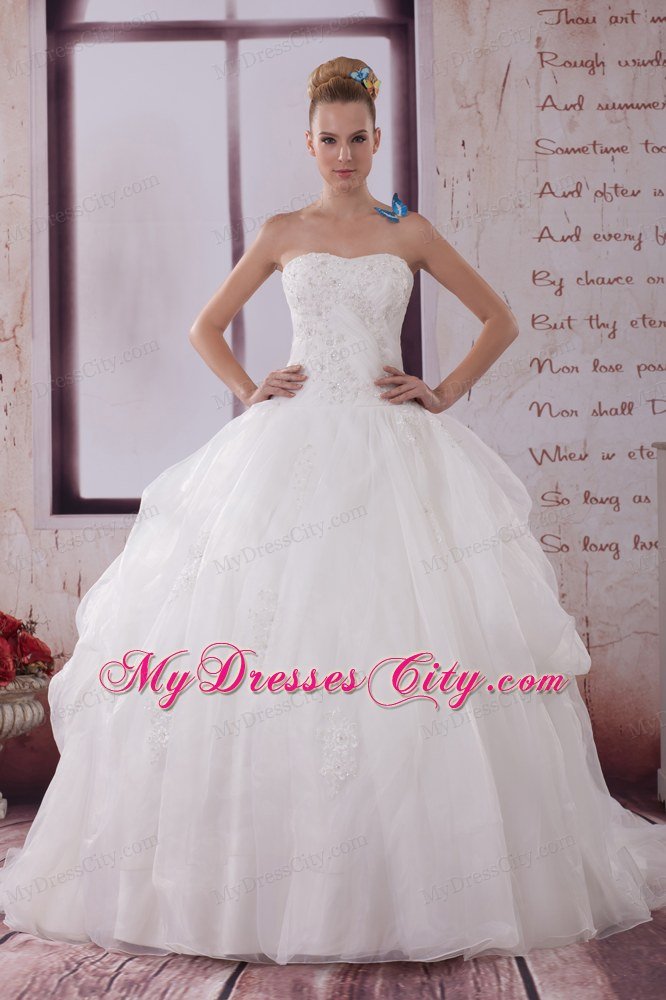 Strapless Brush Train Ball Gown Wedding Dress with Appliques