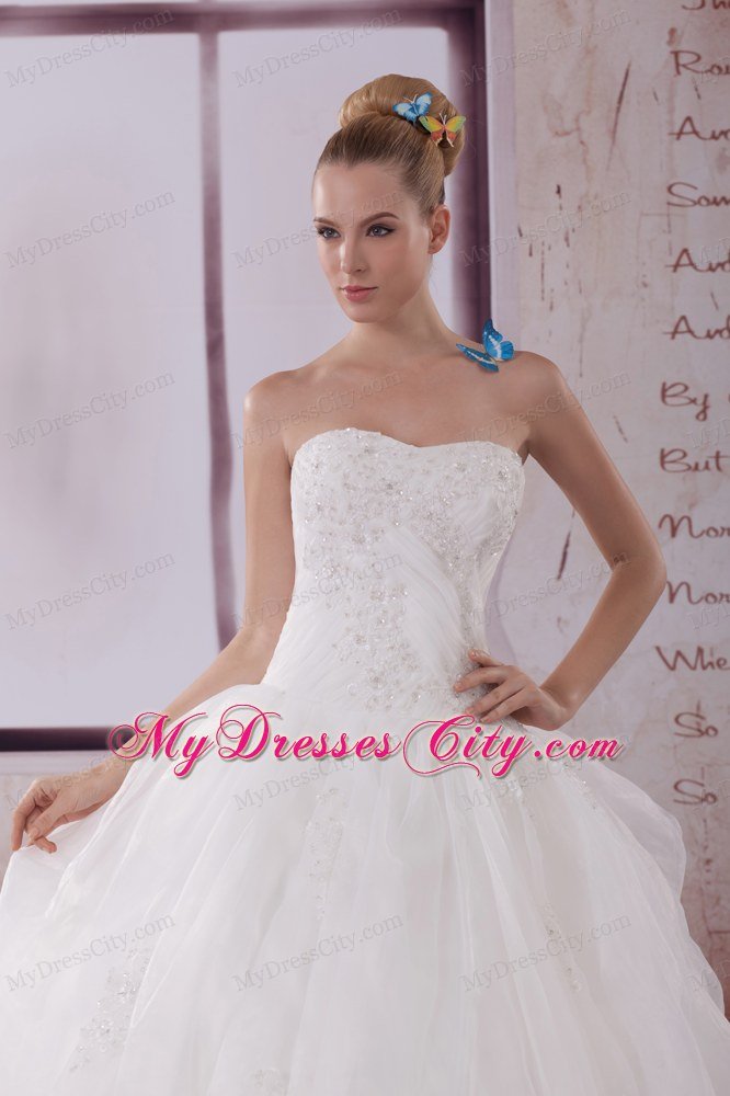 Strapless Brush Train Ball Gown Wedding Dress with Appliques