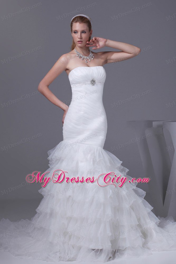 Strapless White Mermaid wedding Gown with Ruffled Tiers