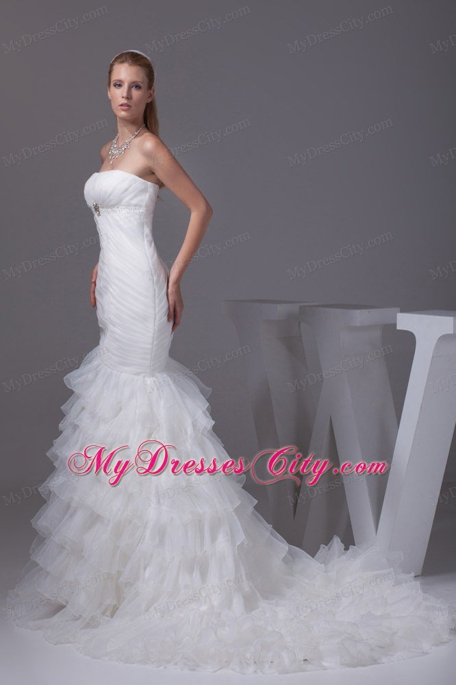 Strapless White Mermaid wedding Gown with Ruffled Tiers