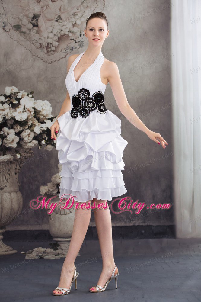 Halter Top Princess Short Wedding Reception Dress with Black Appliques