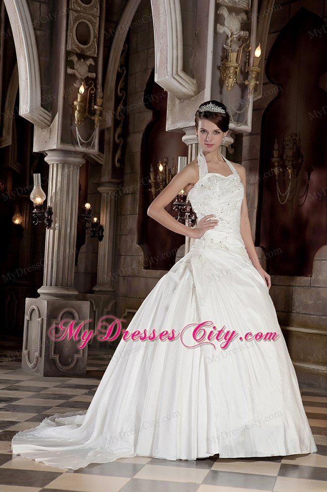 Puffy Halter Appliques With Beading Formal Church Wedding Dress