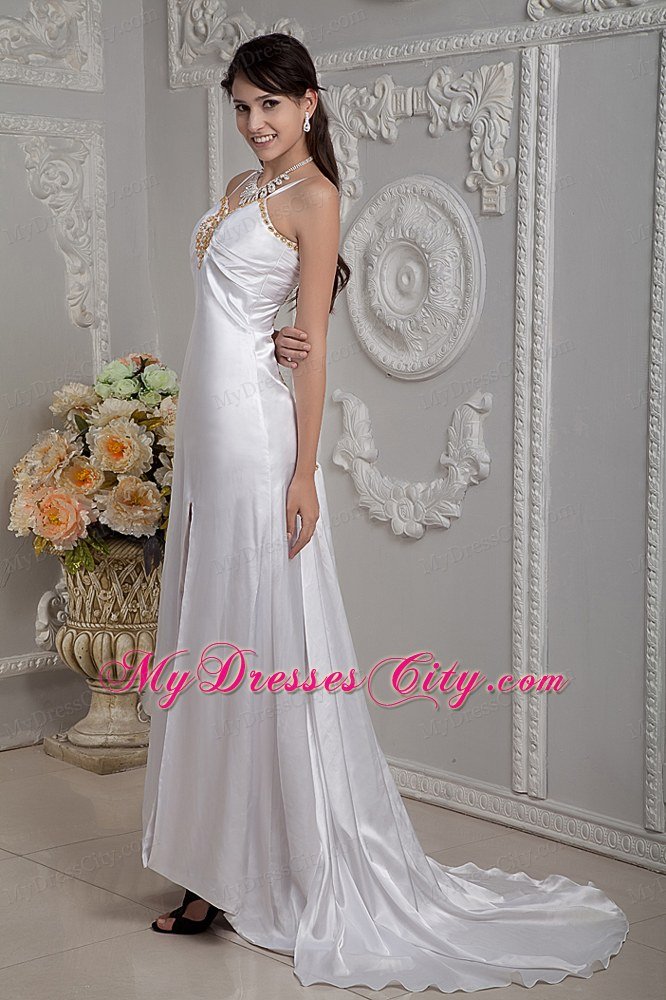2013 Popular Column Straps Beading Wedding Dress with High Slit