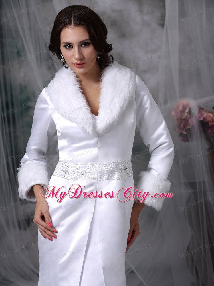 Long Sleeves Beaded Mermaid Winter Wedding Bridal Gown with Faux Fur Collar