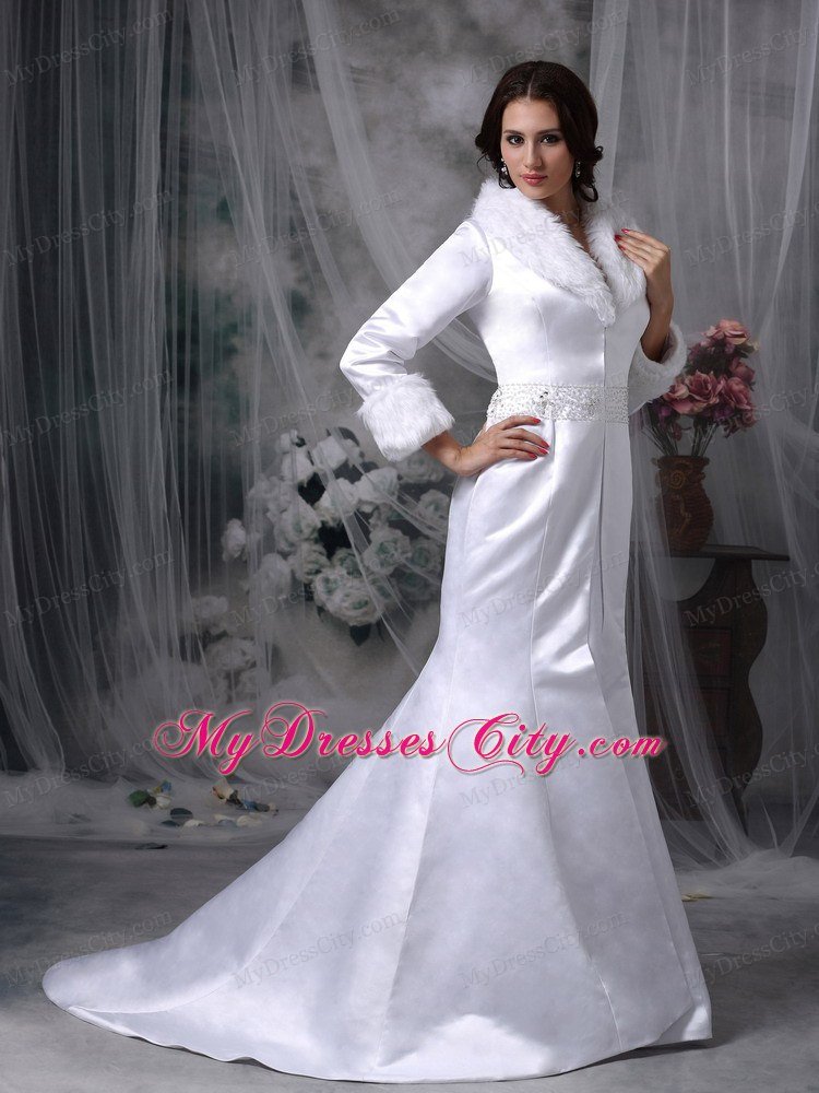 Long Sleeves Beaded Mermaid Winter Wedding Bridal Gown with Faux Fur Collar