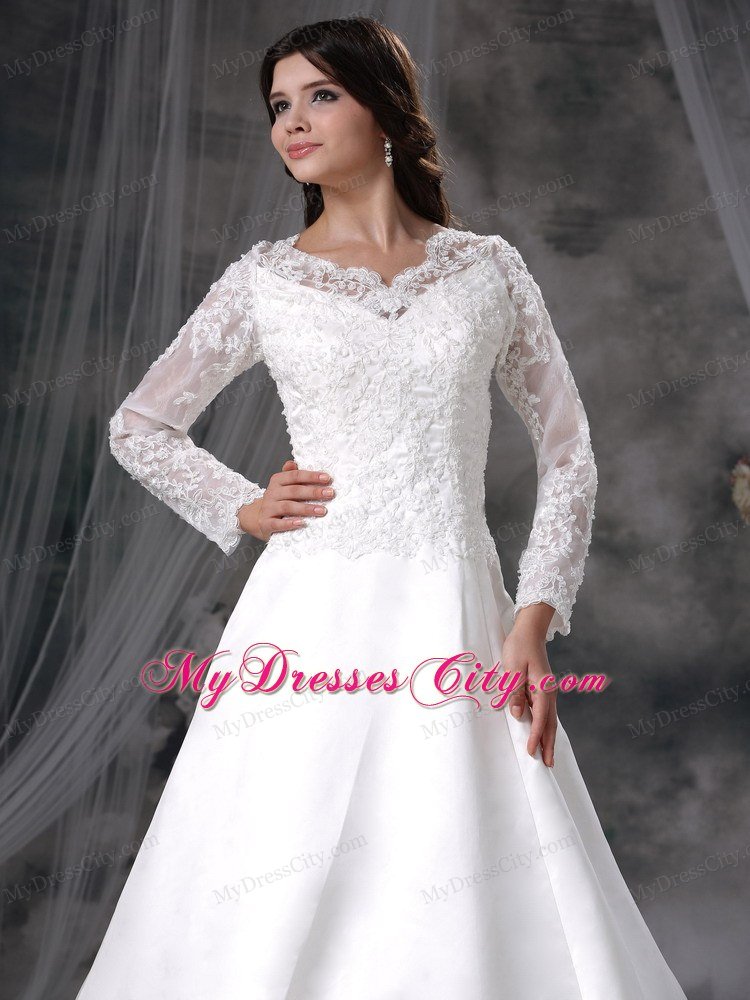 Chapel Train V-neck Lace Long Sleeves Princess Wedding Dresses for 2013